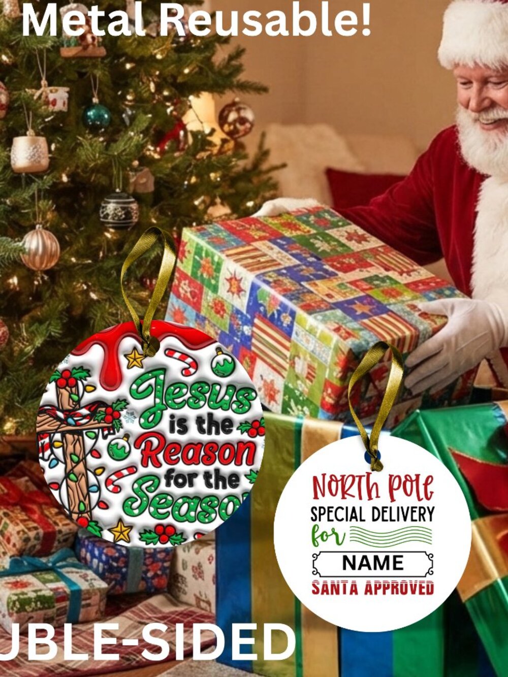 Santa Reusable Metal Christmas Tag Personalized. Jesus